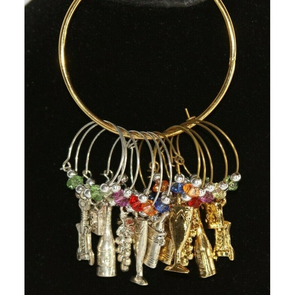 Prodyne Pewter Wine Glass Charms Set of 12 with Holding Ring Gold Silver Finish